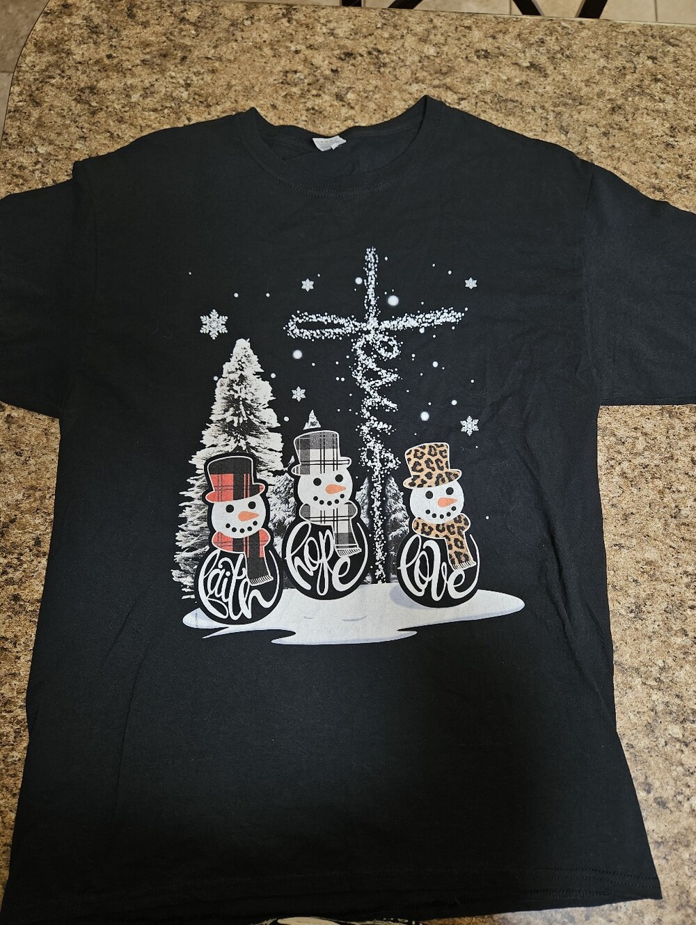 Fruit of the Loom Black Snowman 'Faith Hope Love' Holiday Tee